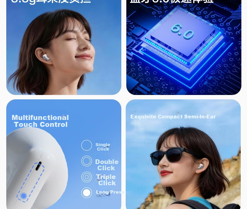Deli True Wireless Bluetooth Earbuds Semi-In-Ear Earphones Charging Music Sports Gaming Headphones Gift Bluetooth 6.0 Type-C Compatible with Apple Xiaomi Phones White 2