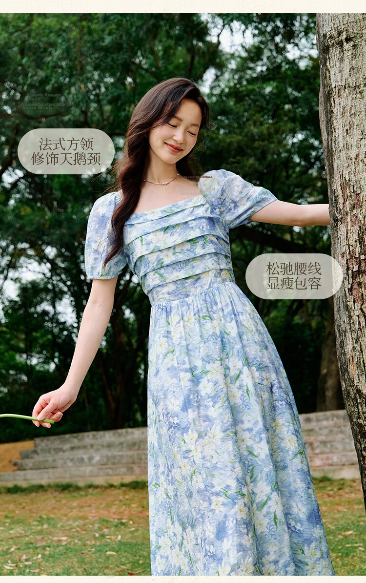 Inman Vacation Style Seaside Print Dress Summer Women's Square Neck Puff Sleeve Waist Cinched Long Dress Glaze Blue S 8