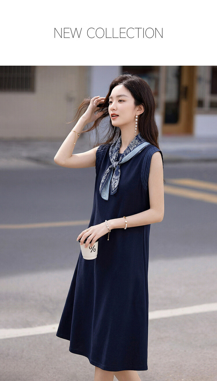Demana Silent Breath Summer Elegant Urban Sleeveless Mid-Length Dress with Scarf and Pleated Round Neck Splicing 1