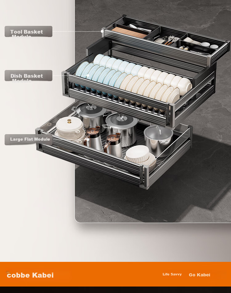 Kabe Three-Tier Kitchen Pull-Out Drawer Cabinet Space Aluminum Alloy Bowl Basket Built-in Dish Pot Chopsticks Storage Organizer 4