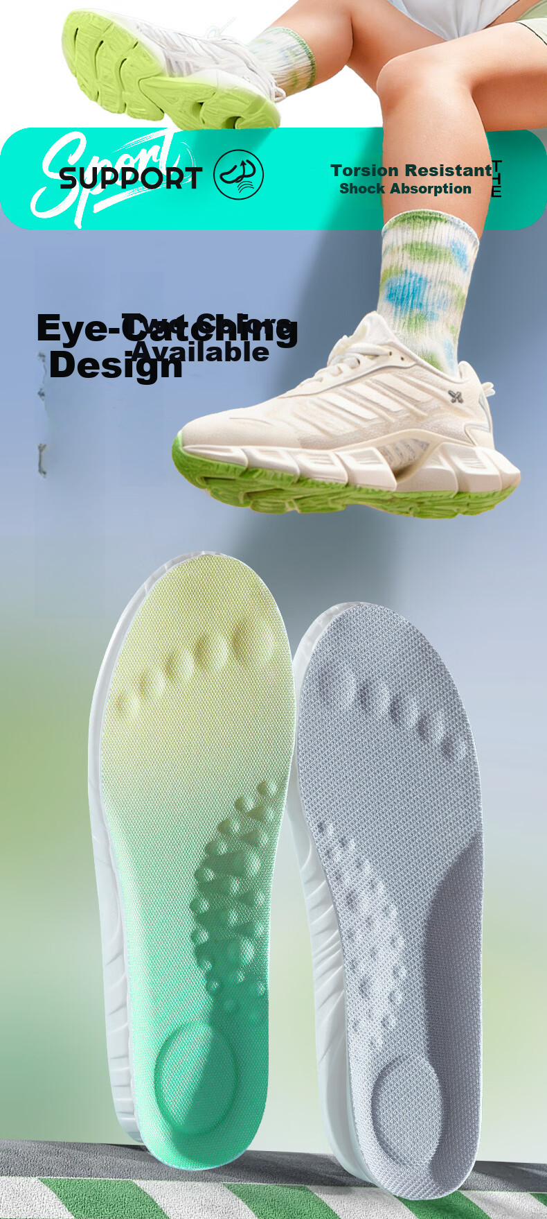 Oriental Footprint 2 Pairs Arch Support Insoles Sports Shock Absorption Cushioned Breathable Sweat-Absorbing Soft Elastic Flat Feet Unisex Size 43-44 11