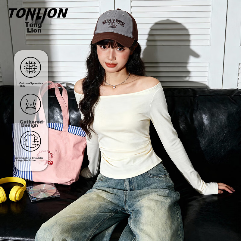 TonLion Women's Long Sleeve T-Shirt Spring Autumn Slim Fit Trendy Off-Shoulder Convertible Top