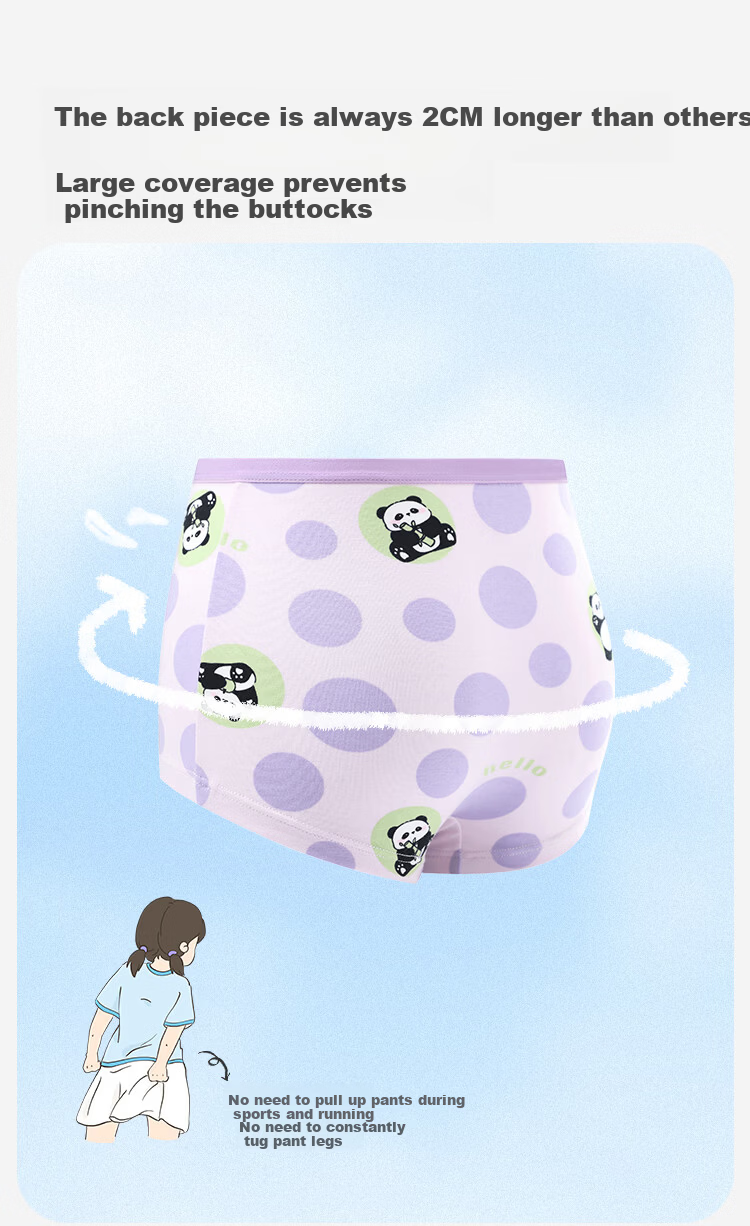 Jiusuiban Kids Girls' 7A Antibacterial Silk Gusset Boxer Shorts Cartoon Panda Plant Cotton 7