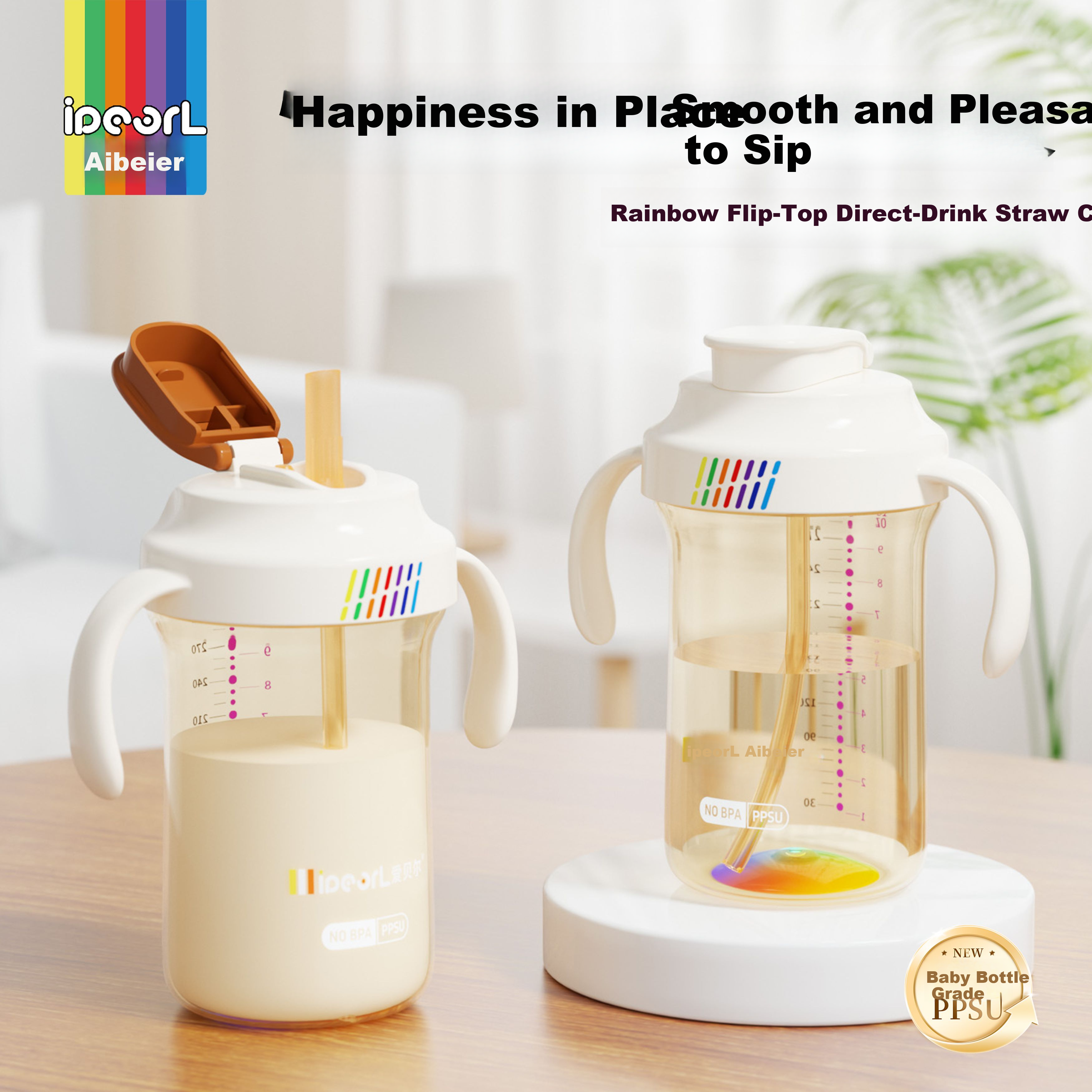 Aibeier PPSU Direct Drinking Straw Cup Infant Toddler Water and Milk Training Cup Baby Anti-Fall Flip Lid Bottle Water Cup