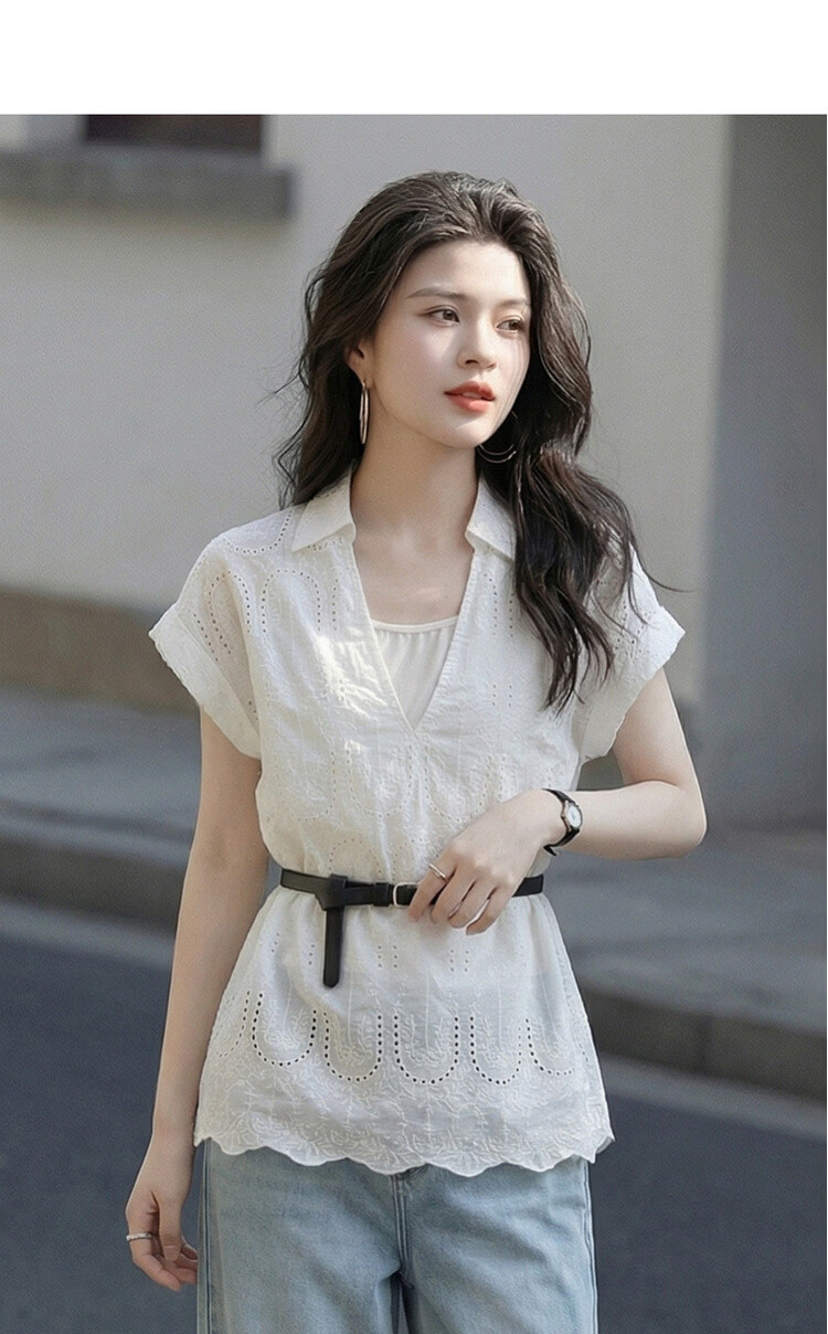 Demana Pure Cotton Light Life Summer V-Neck Lace Embroidered Shirt Color-Block Belted Short Sleeve Blouse for Women 5