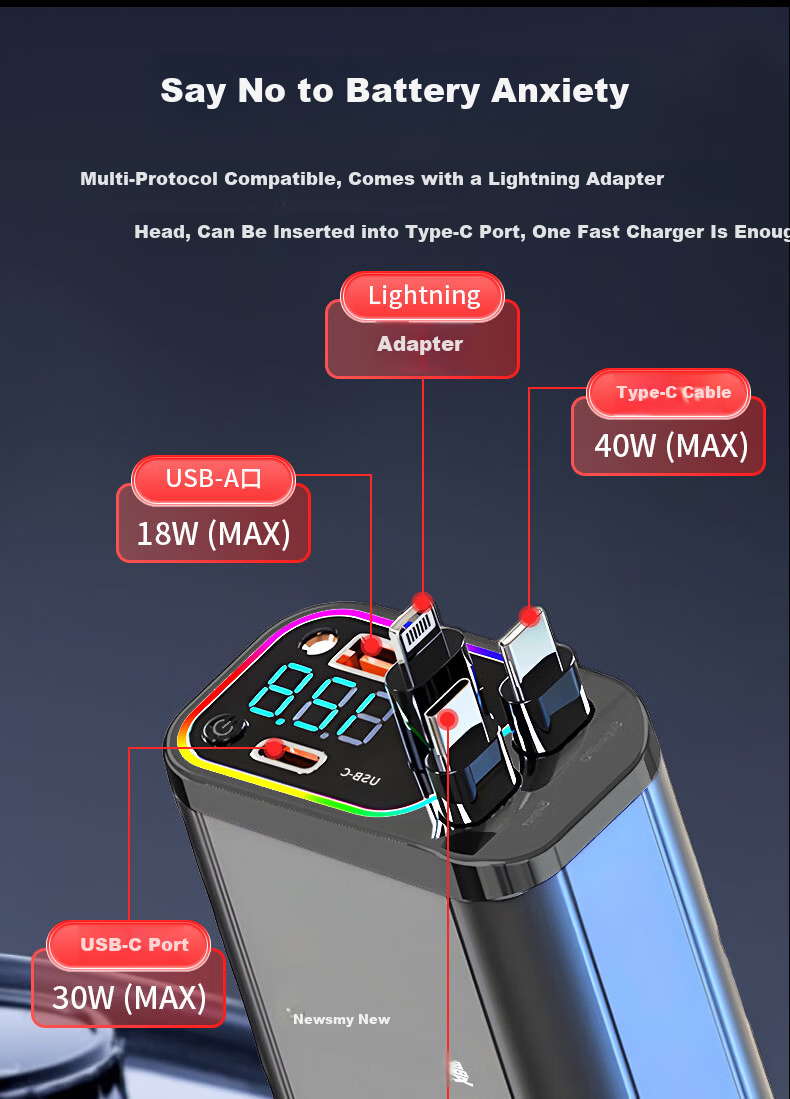 Newsmy Car Charger Retractable 3-in-1 Built-in Cable Super Fast PD Invisible Mini Car Cigarette Lighter Charger Compatible with Apple Huawei Xiaomi K6 Deluxe Edition 12