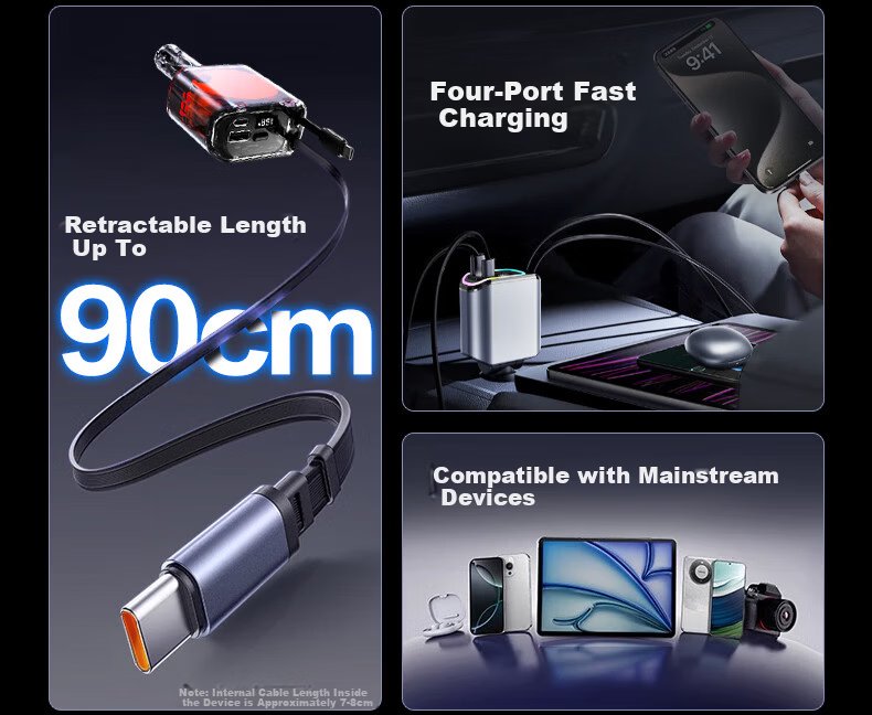Newmine Wired Car Charger, Super Fast Charging, Three-In Multifunctional Car Charger, Cigarette Lighter Adapter 3