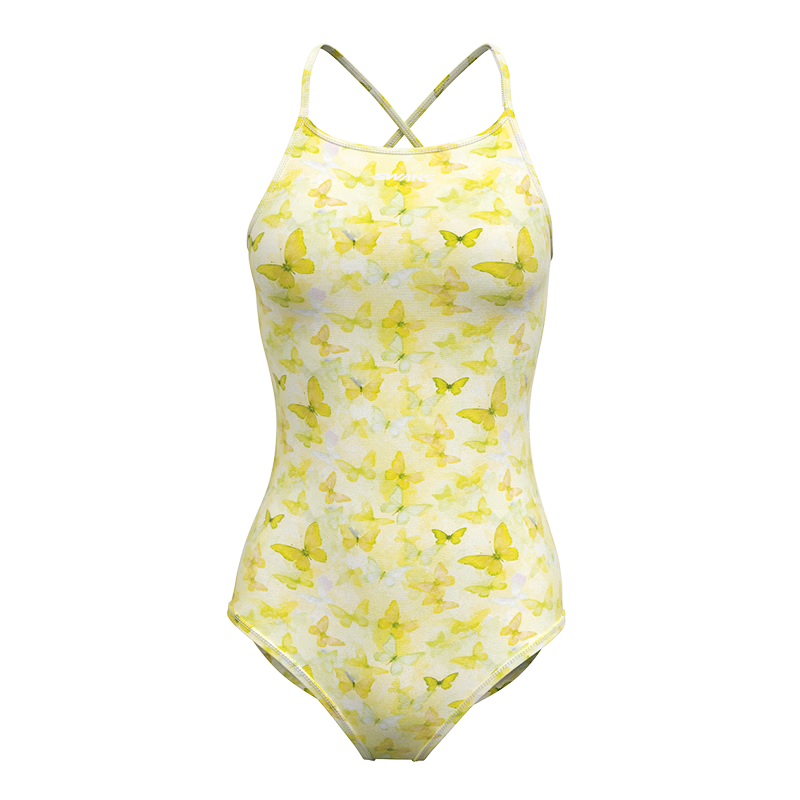 SWANS Women's Triangle One-Piece Strappy Professional Racing Swimwear Bathing Suit Butter Yellow Butterfly Racing Style XL