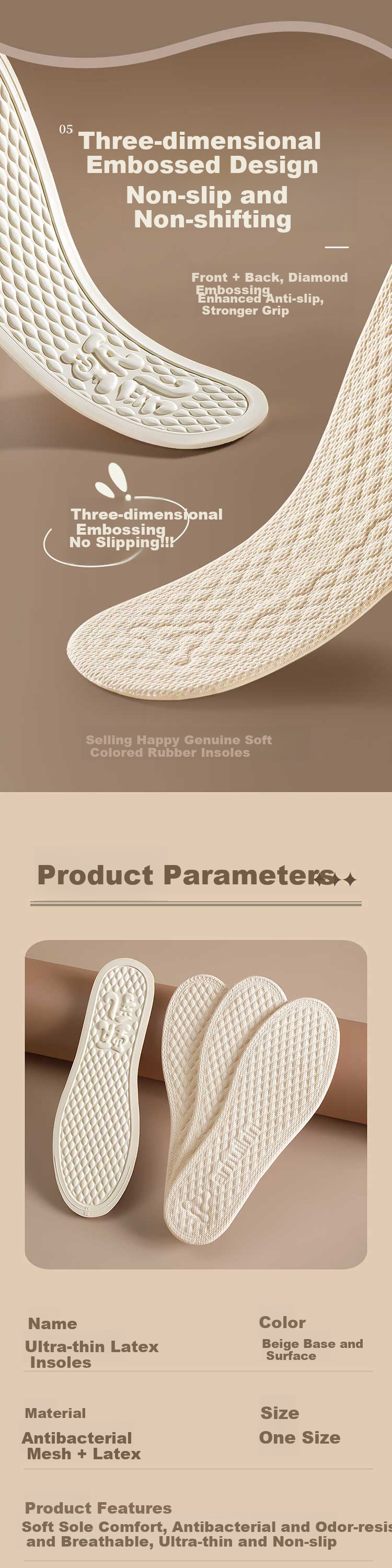 Footprint Tribe Antibacterial Deodorant Insole for Men Ultra-thin Latex Sweat-Absorbing Breathable Non-Stuffy Shoes Insoles 1 Pair - Beige, Size 39-40 3