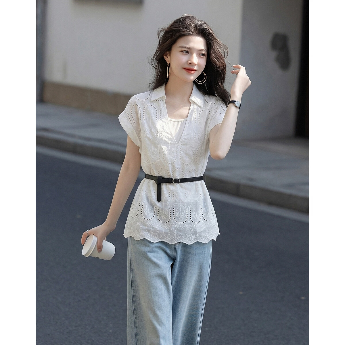 Demana Pure Cotton Light Life Summer V-Neck Lace Embroidered Shirt Color-Block Belted Short Sleeve Blouse for Women