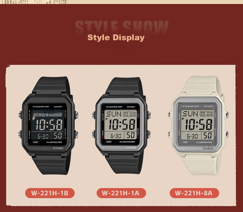 Casio Watch, Square Casual Trendy Student Sports Digital Japanese/Korean Style Watch, Father's Day Gift W-221H 5