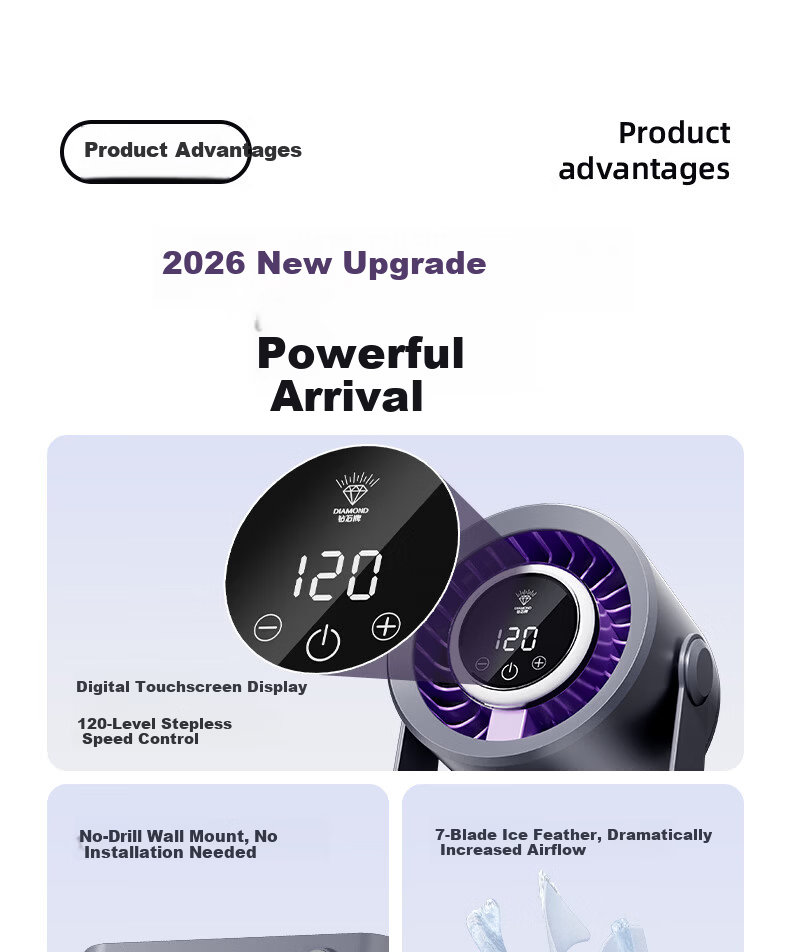 DIAMOND 26 New Model Wireless Wall and Table Fan USB Multi-Purpose Small Fan for Kitchen Office Dormitory Outdoor Long Battery Life XR 2