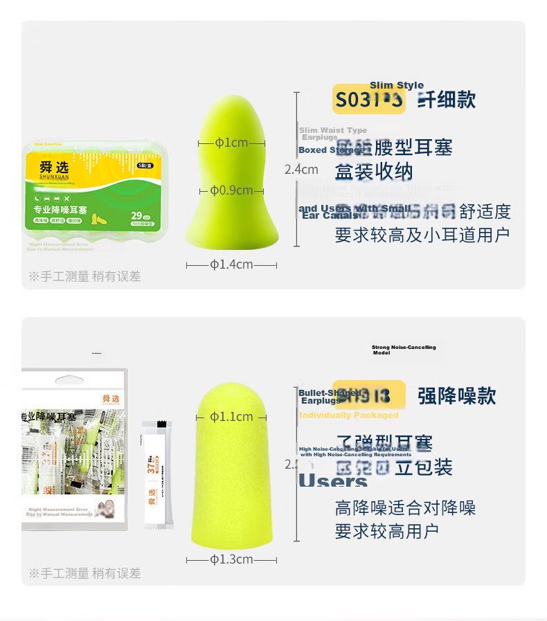 Shunxuan Noise-Cancelling Earplugs for Sleeping, Non-Damaging to Ears, Ultra-Absorbent Industrial Factory Noise Reduction Earplugs for Men And Women, Pack of 10, Light Yellow Slim Waist S037-S 13