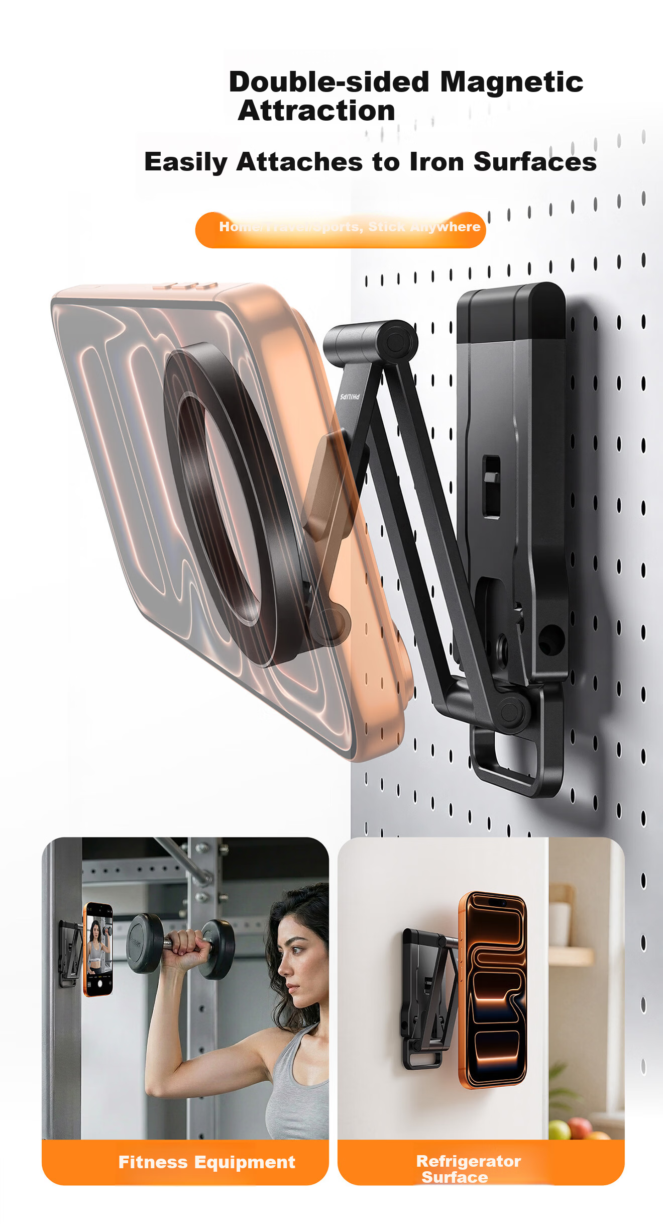 PHILIPS Dual Ring Magnetic Phone Stand, MagSafe Back Sticker, Compact Portable Folding Desktop Support, Binge-Watching Essential, Compatible with Apple And Android Phones, Finger Ring Stand 2333 Orange 8