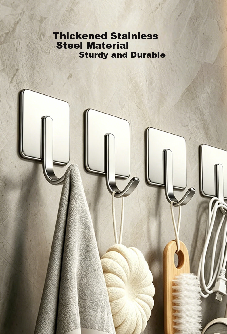 Baoshi Stainless Steel Hooks 10-Pack, No-Drill Strong Adhesive Hooks for Kitchen, Heavy-Duty Wall-Mounted Clothes Hooks 2