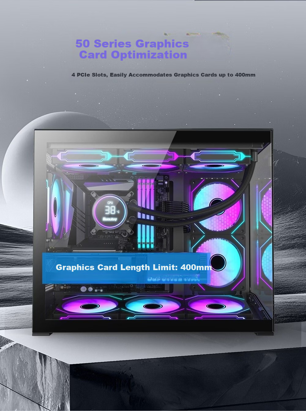 Huntkey S960 V2 Blizzard Black Panoramic Computer Case Seaside Room Desktop Chassis (Left-Right Partition/360 Water Cooling/9 Fan Slots/MATX Motherboard) 8