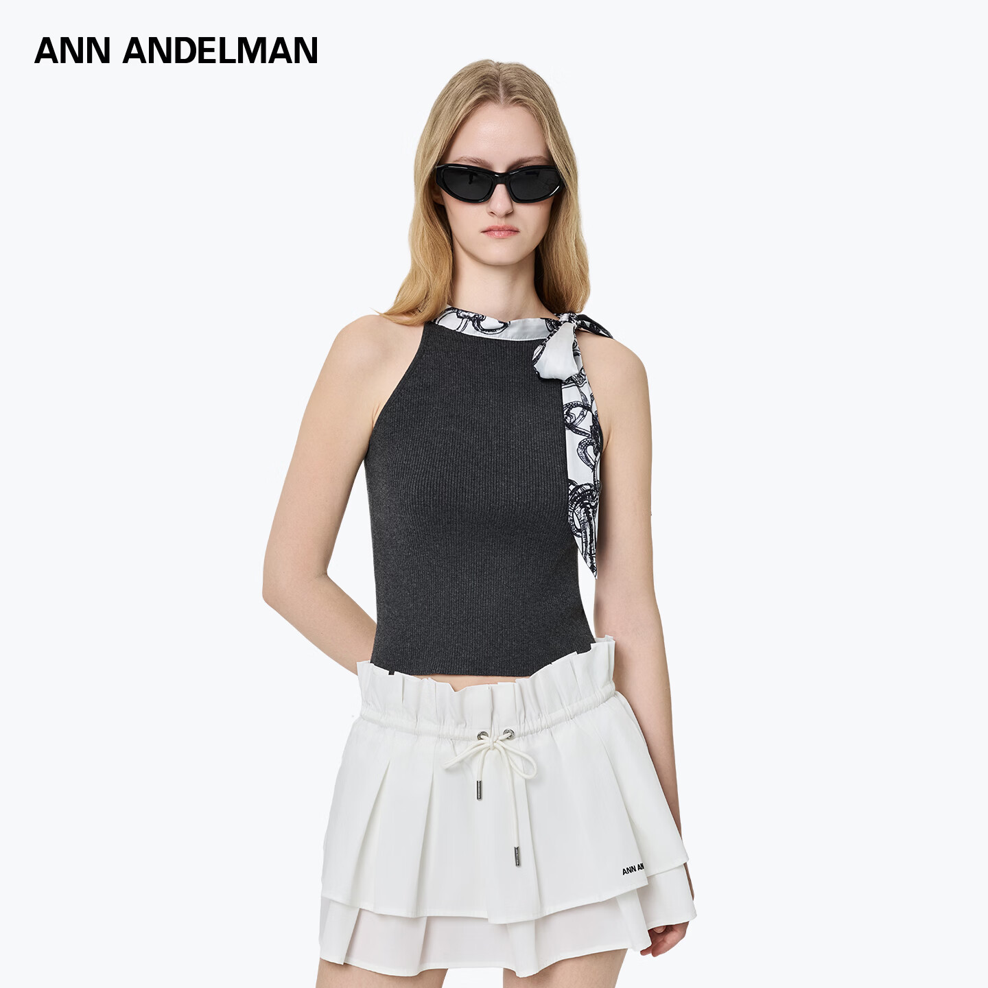 ANN ANDELMAN 2026 Early Spring Printed Silk Scarf Knit Vest Bow Tie Sleeveless Top Dark Gray XS