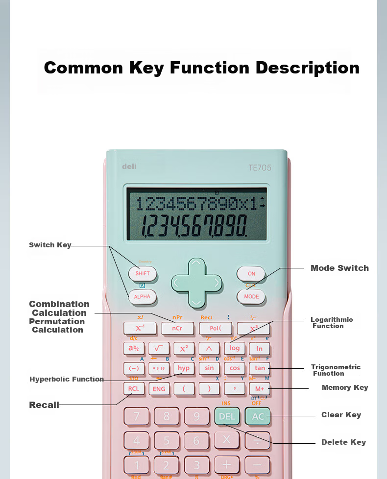 Deli Fashion Function Calculator Dual-line LCD Large Screen 240 Functions Exam Calculator (Suitable for Middle and High School) Gradient Pink TE705 9