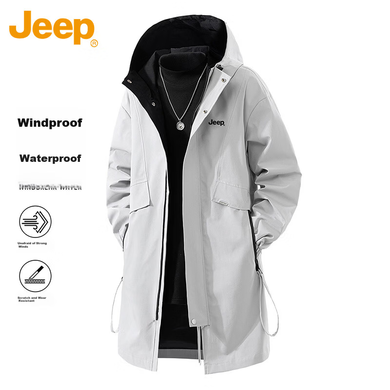JEEP Men's Jacket Spring Autumn Windbreaker Hooded Casual Versatile Mid-Length Black 2XL