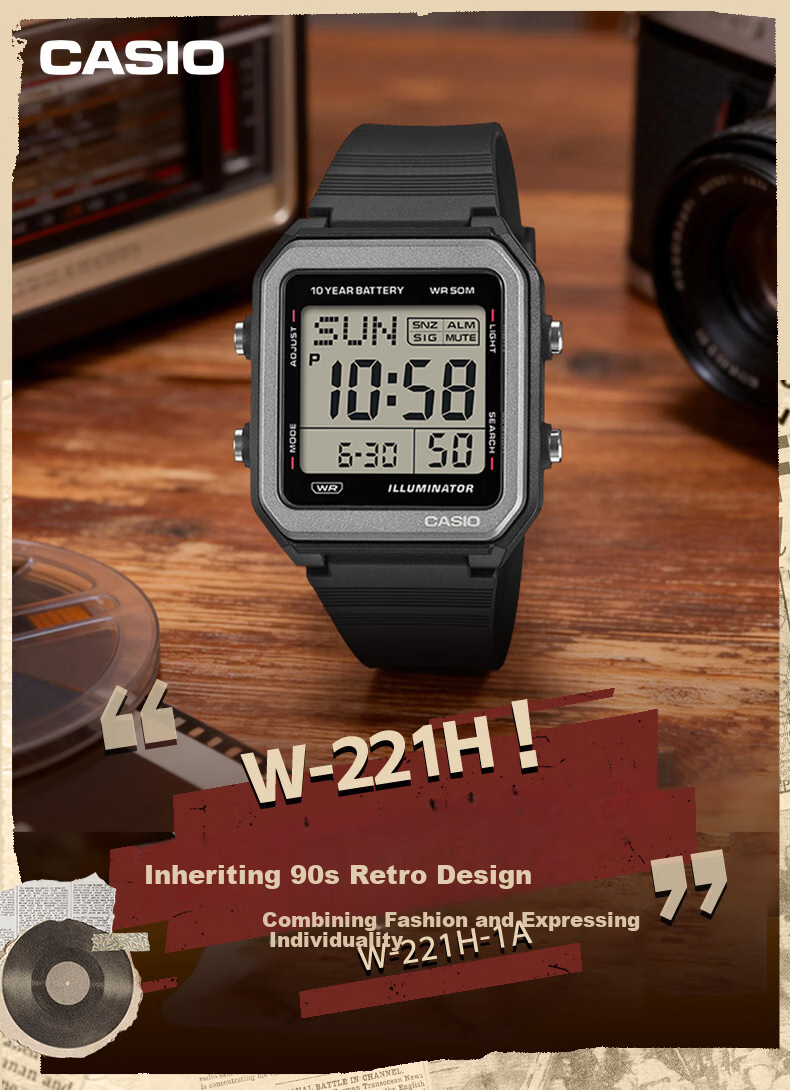 Casio Watch, Square Casual Trendy Student Sports Digital Japanese/Korean Style Watch, Father's Day Gift W-221H 1