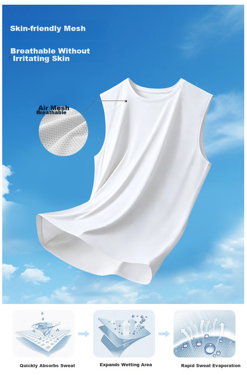 Xunmianren Men's Sleeveless Sports T-Shirt Wide Shoulder Base Layer Vest Summer Sports Ice Silk Breathable Quick-Dry Vest 7