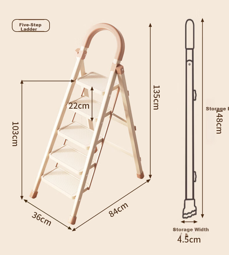 Yimo Household Folding Ladder Multifunctional Small Lightweight A-Frame Telescopic Indoor Four-Step Beige Climbing Ladder 3