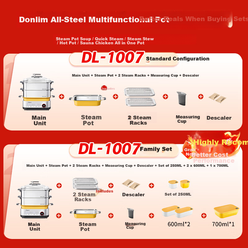 Donlim 20L Stainless Steel Electric Steamer Multi-Function Cooker 3-in-1 Steaming, Stewing, Boiling Electric Hot Pot DL-1007 3