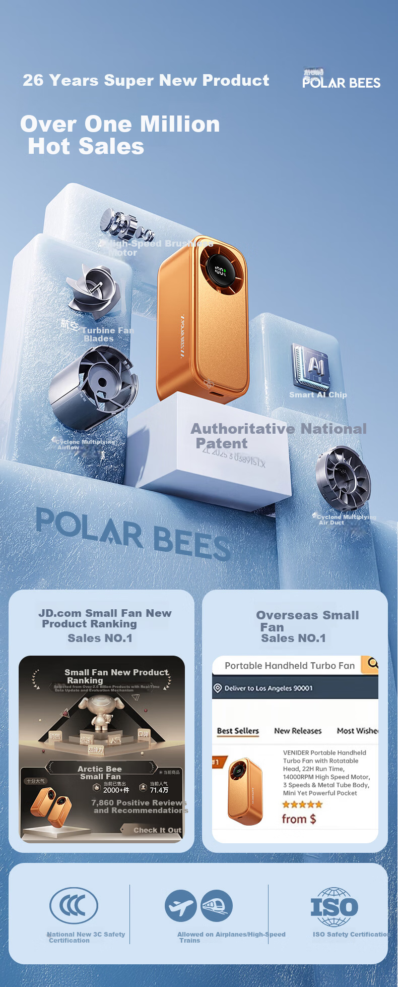 PolarBees Handheld Mini Fan | 100-Level Cooling | Ultra Mini Lightweight | 2026 New Long-Lasting High-Speed Portable Semiconductor Cooling Fan 4