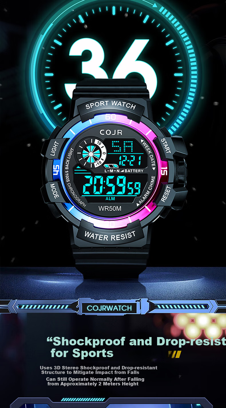 COJR Electronic Timing Watch for Boys Junior High Students Waterproof Sports Alarm Clock for Children 5