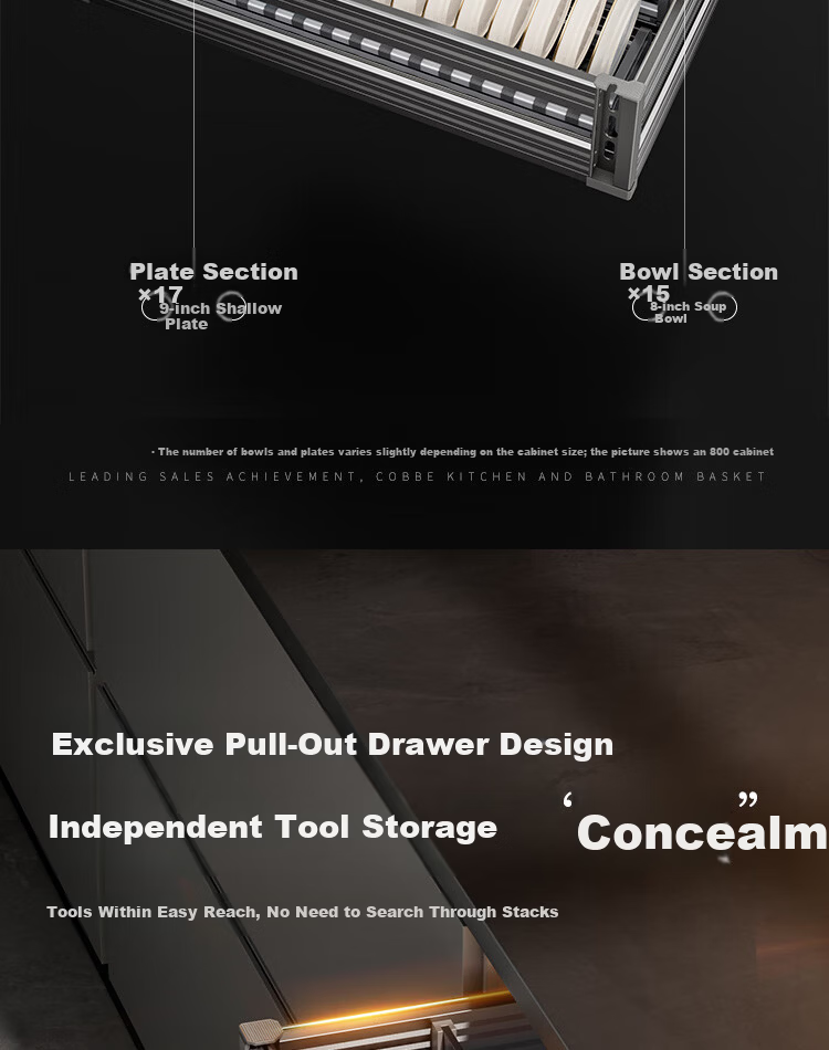 Kabe Three-Tier Kitchen Pull-Out Drawer Cabinet Space Aluminum Alloy Bowl Basket Built-in Dish Pot Chopsticks Storage Organizer 7