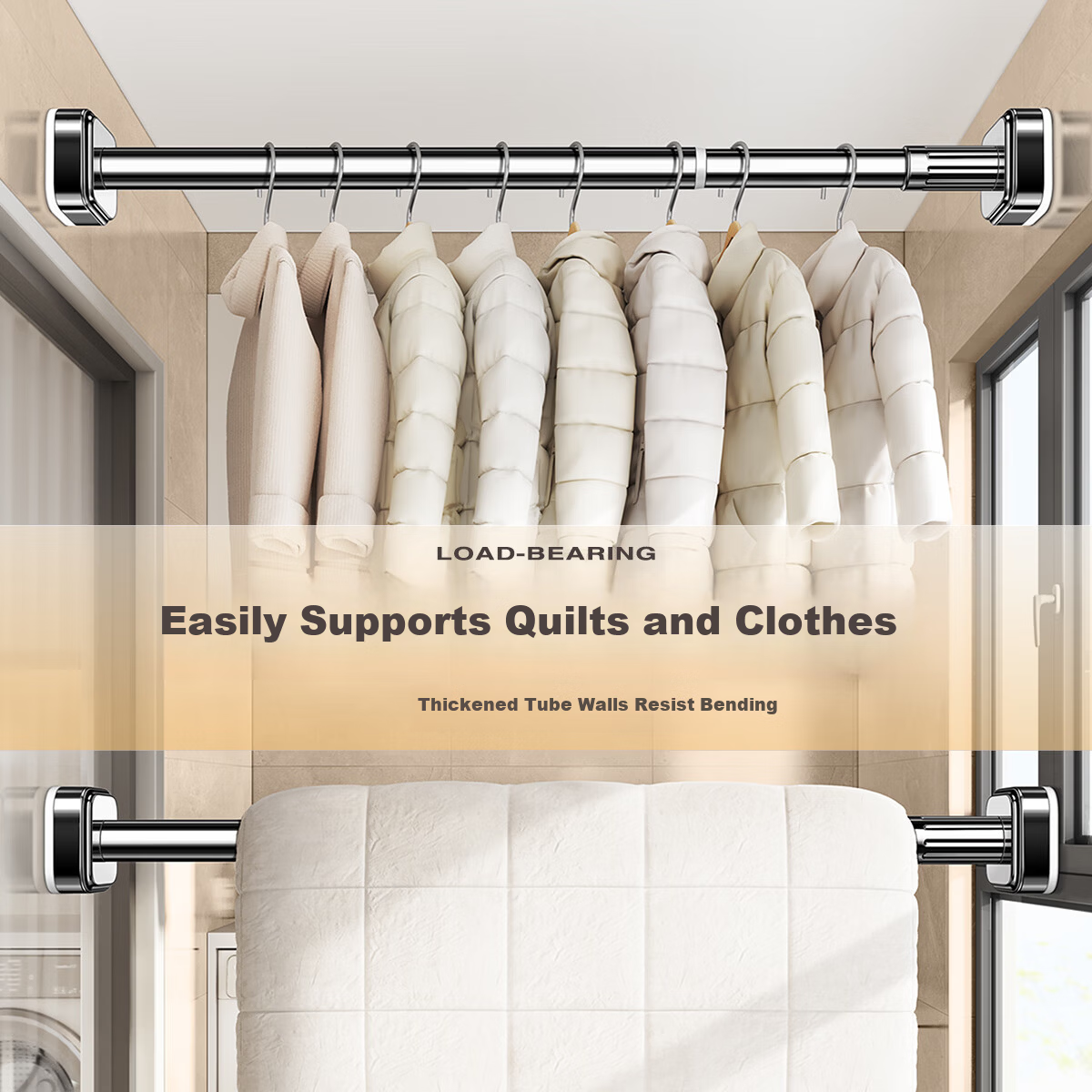 Futuristic Telescopic Clothes Drying Rod No-Drill Wardrobe Support Rod Bathroom Clothes Rack Adjustable Curtain Rod 190-260cm