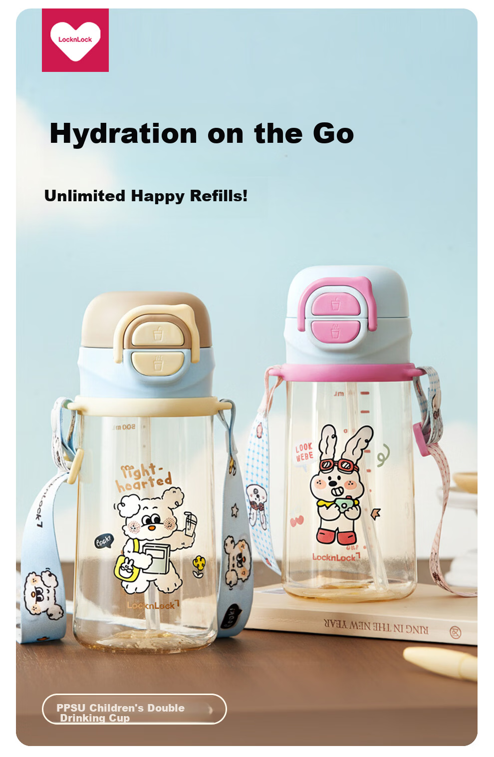 Lock&Lock Children's PPSU Straw Cup Portable Anti-Fall Sports Water Bottle for Primary School and Kindergarten 1