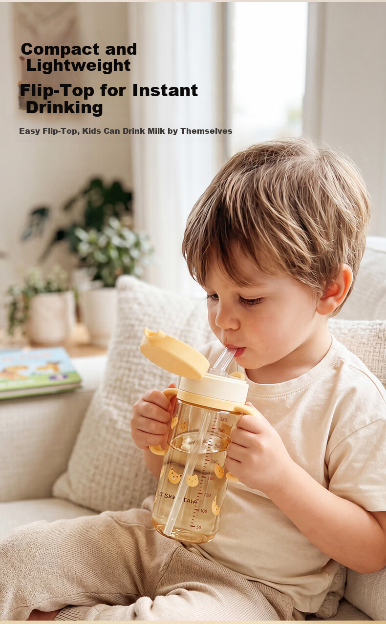 Rikang Children's Water Bottle 1+ Baby Milk Bottle PPSU Direct Drinking Straw Cup 380ml - B1088 Gray 6