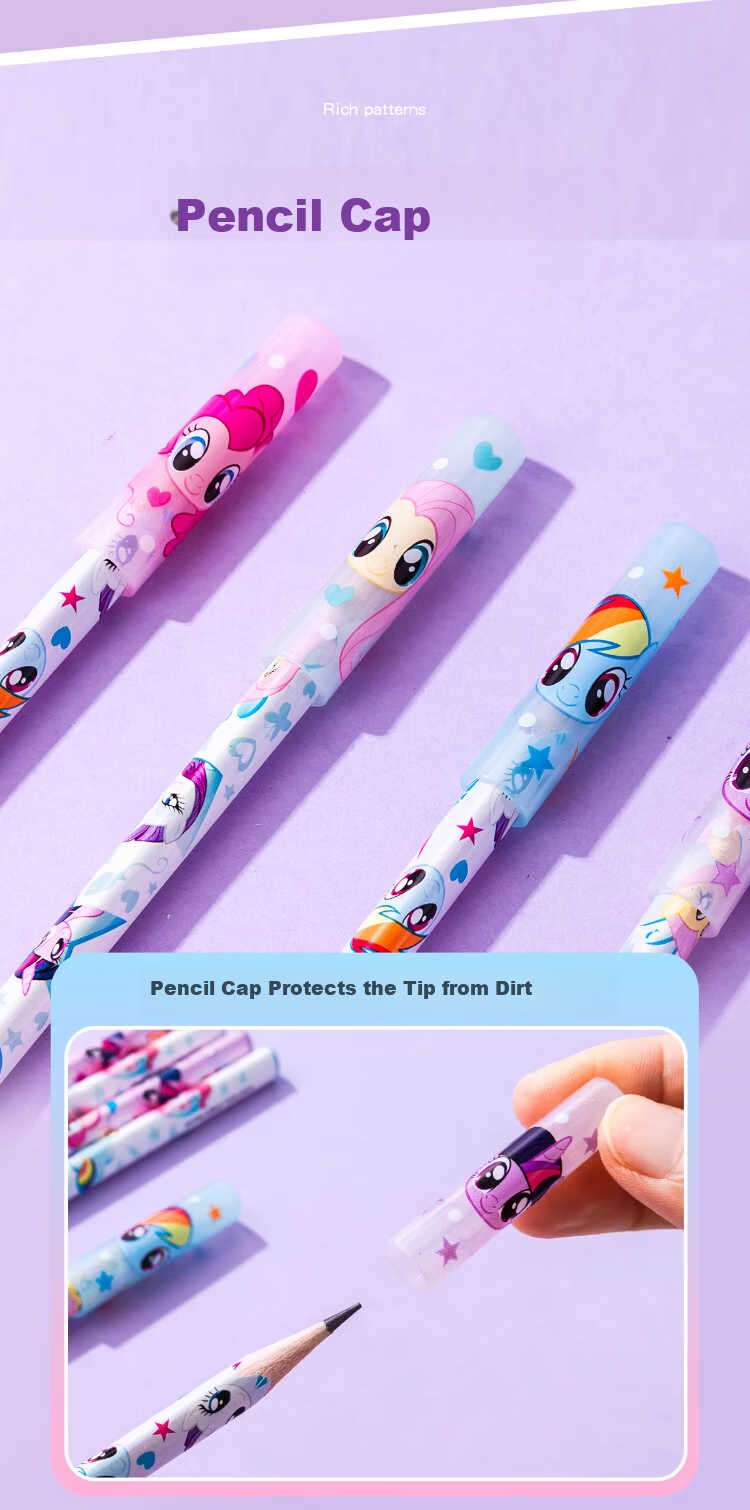 IiGEN My Little Pony HB Pencil Primary School Stationery Round Barrel Exam Pencil Non-toxic Cap Protective Cover Kindergarten Grade 1-2 Set with Eraser Break-resistant Core Back-to-School Gift Box 10