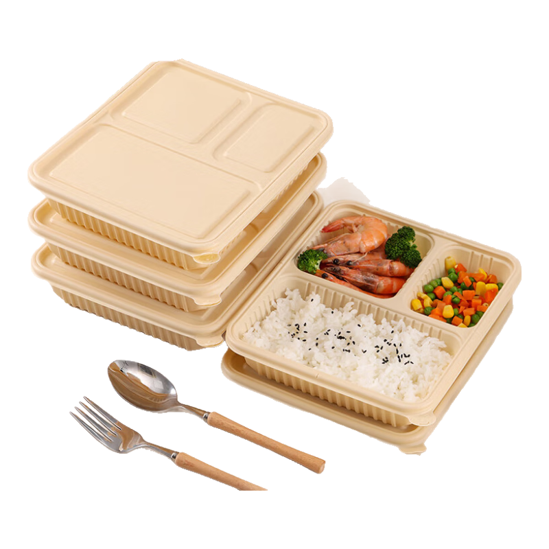 BJ Corn Starch Disposable Food Containers, Biodegradable Microwave-Safe Lunch Boxes with Lids, Takeout Meal Boxes, 3 Compartments * 20 Sets