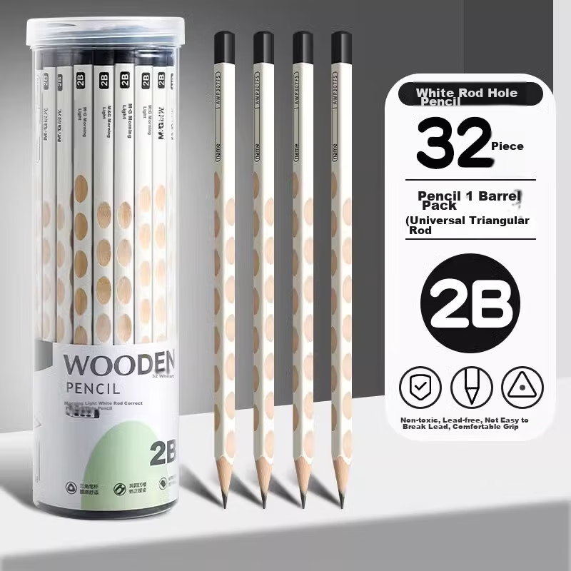 M&G White Barrel Hole Pencil for Primary School Students Grade 1 Hole Pencil Kindergarten Beginner HB Pencil 2B Barrel Pack 32 Pieces Corrective Grip Pen