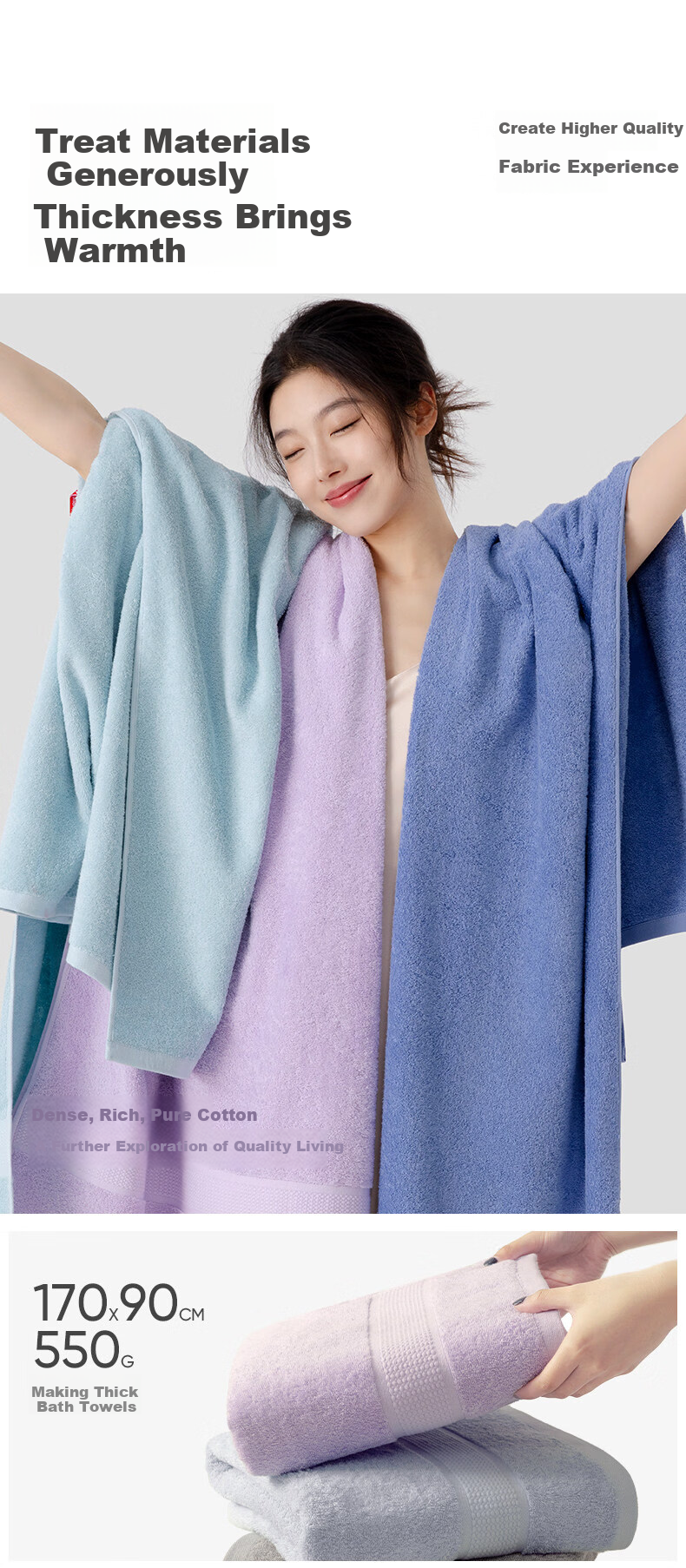 Grace Morning Mist Series Thickened Pure Cotton Bath Towel Adult Unisex All Cotton Bath Wrap Absorbent Skin-Friendly Sports Towel Blue 7