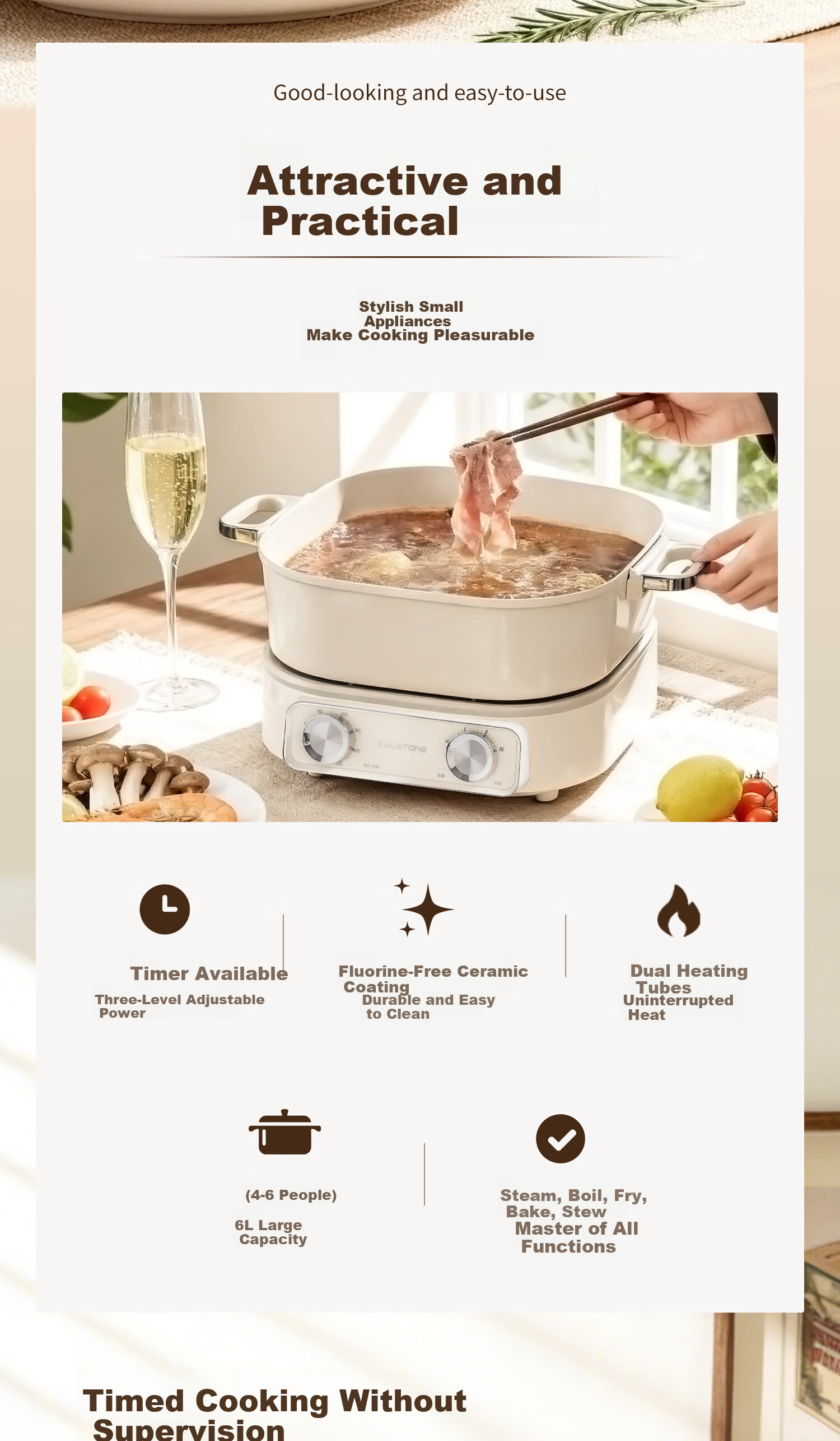Kalstone New Multifunctional Cooking Pot Household Hot Pot High Power Detachable 6L Large Capacity Timer Steamer Cooker 2