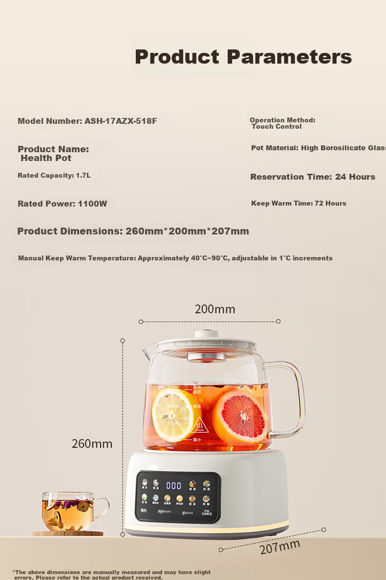 AUX Pure Glass Health Kettle Electric Tea Kettle Hot Water Kettle Constant Temperature Insulated Smart Baby-Safe BPA-Free Herbal Tea Kettle 1.7L ASH-17AZX-518F 14