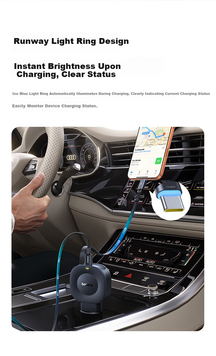 BASEUS Dual-Port 45W Car Charger Super Fast Charging Cigarette Lighter Adapter with Retractable Cable 2-in-1 2025 New Model Compatible with Apple 8-17 Series + Huawei Xiaomi 1