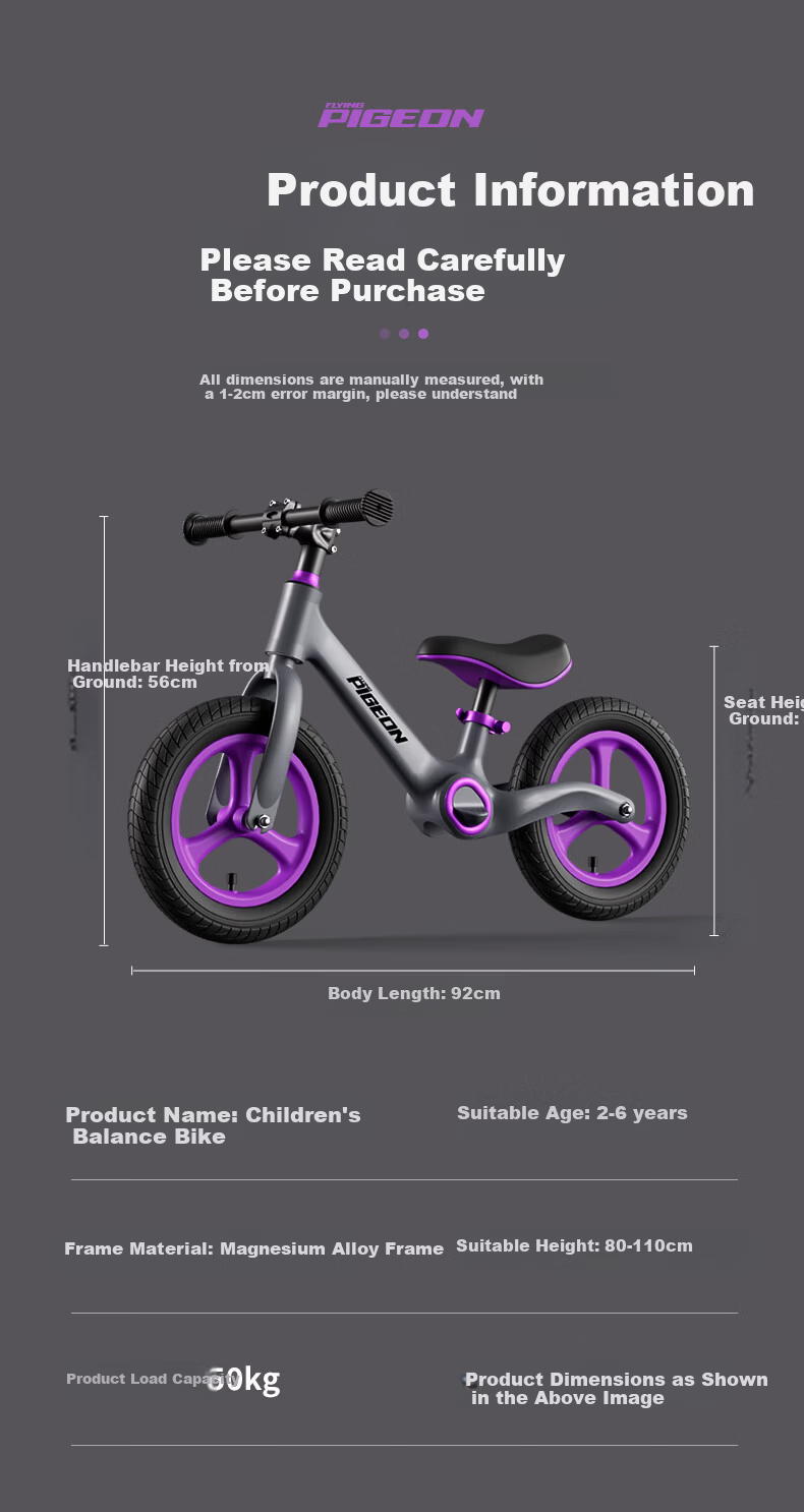 Flying Pigeon Children's Balance Bike 1-3-6 Years Old Toddler Baby Foot-Pedal Bicycle Lightweight Two-Wheel Glide Bike 14 Inch Green 12