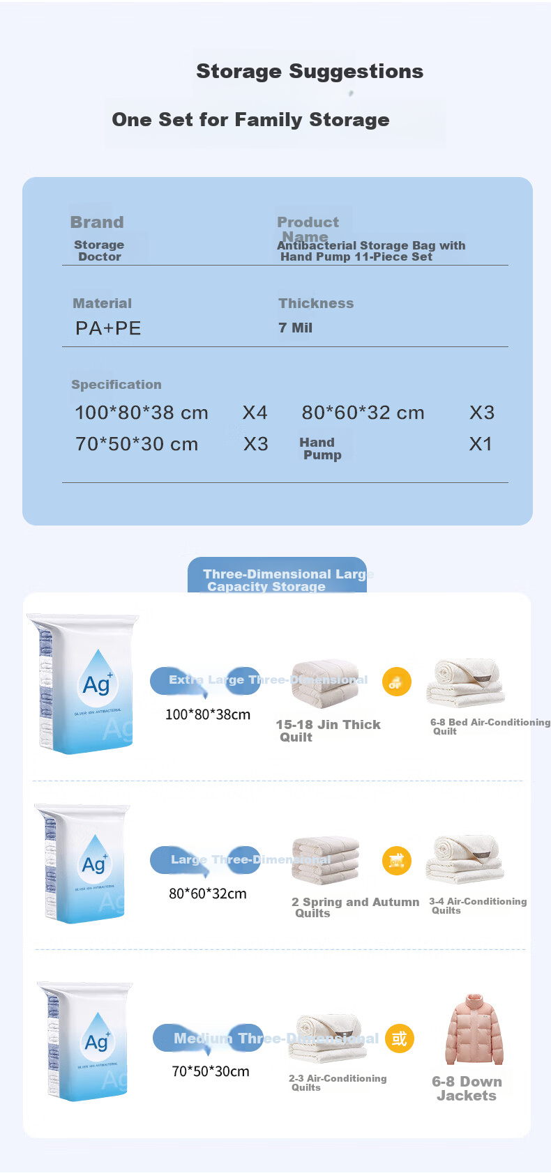 DR.STORAGE Antibacterial Vacuum Compression Storage Bags Large Capacity 11-Piece Set for Clothing Packing and Organization 1