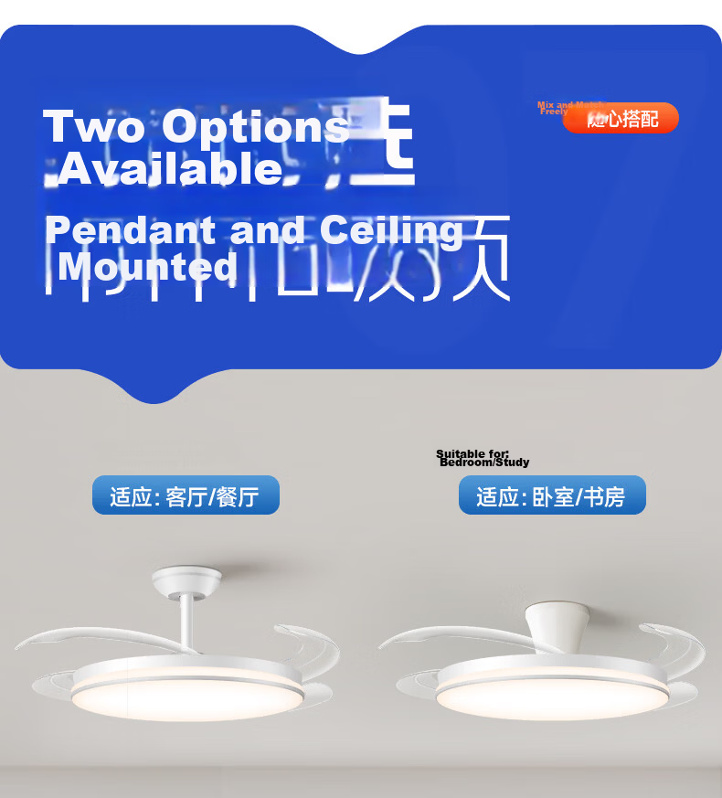 Dell Invisible Fan Light Eye Protection Fan Light Large Airflow Fan Light for Dining Room Living Room Bedroom with Electric Fan Integrated Silent Fan Light 22