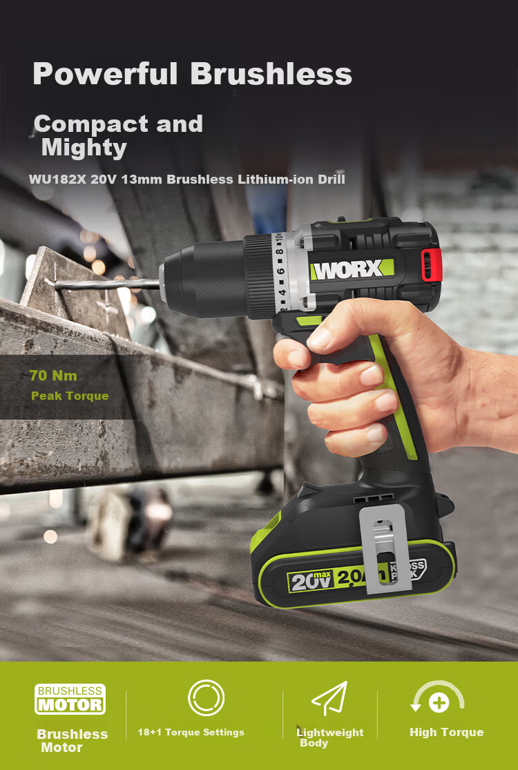 Worx 20V Brushless Cordless Drill WU182X (2.0Ah Dual Battery) Lithium-ion Electric Multi-function Handheld Drill 1