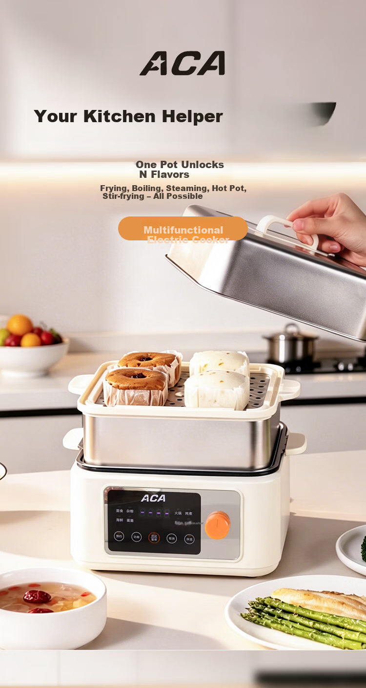 ACA 16L Electric Steamer and Cooker 3-in-1 Multi-Function Stainless Steel 304 Steaming Basket Electric Hot Pot for 3-6 People with Large Capacity and Reservation Function 1