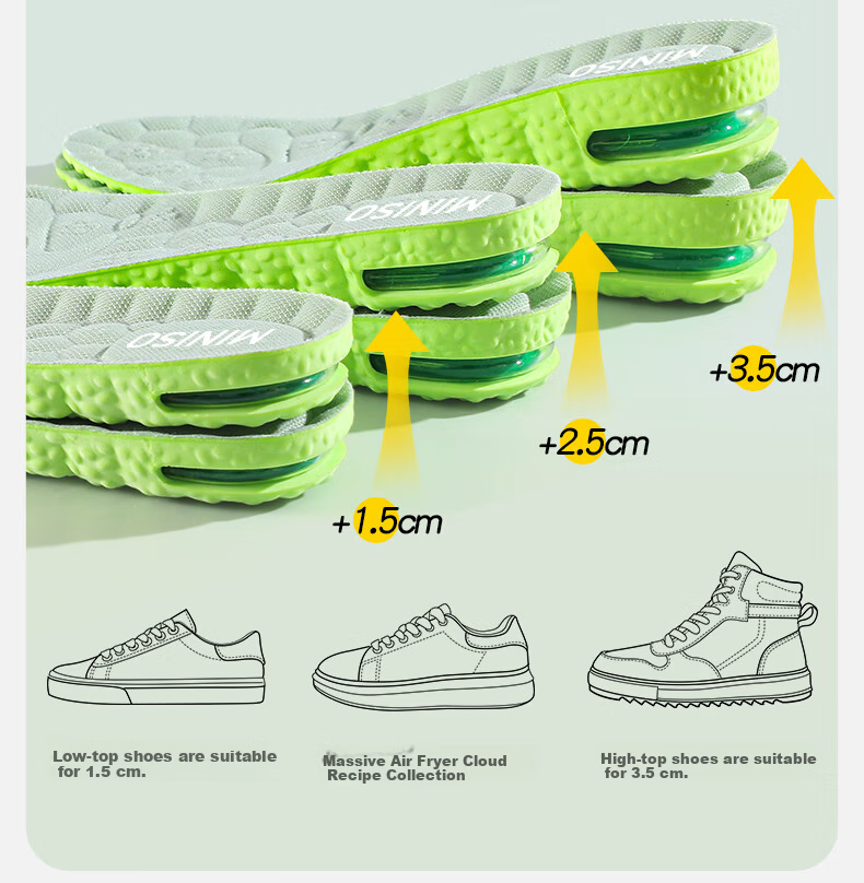 MINISO Cushioned Shock-Absorbing Height Increase Insoles for Men and Women, Invisible 3.5cm Elevation, Mugwort Odor-Resistant Breathable Sweat-Absorbing Insoles, Size 39-40 9