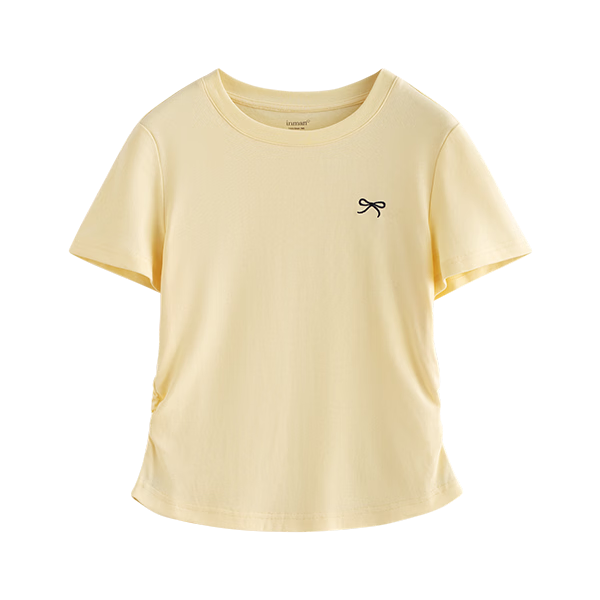 INMAN Simple Pleated Waist-Drawn Short Sleeve T-Shirt Women 2026 Summer Sweet Youthful Casual Embroidered Top