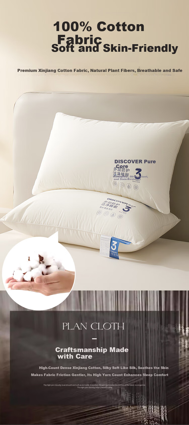 Mengshina Pillow Core Comfortable Feather Silk Fiber Pillow Hotel Fiber Pillow Washable 48*74cm Pure Cotton Three-Proof Pillow 3