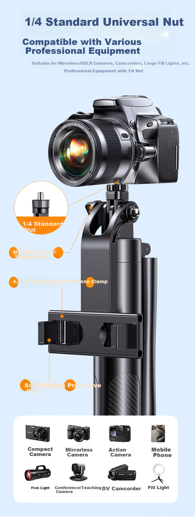 Lingchen 1.88m Professional Selfie Stick Tripod Phone Holder Floor-Standing Selfie Device 360° Rotating Stabilizer Bluetooth Remote Control Travel Live Streaming Stand Single Light Version 13