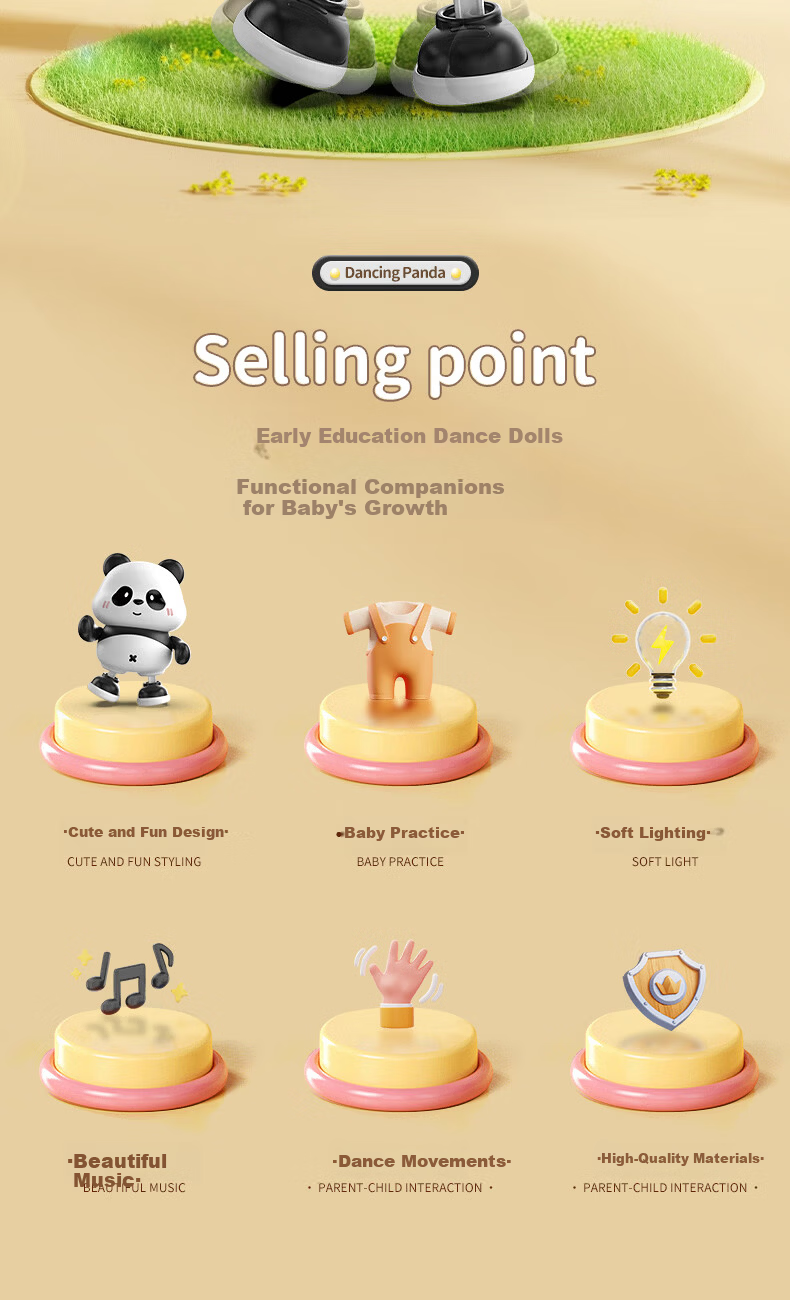 PEIQIMAMA Electric Panda Dancing Singing Toy Infant Head Lifting Training Device 0-6 Months Baby Visual Tracking Crawling Early Education 2